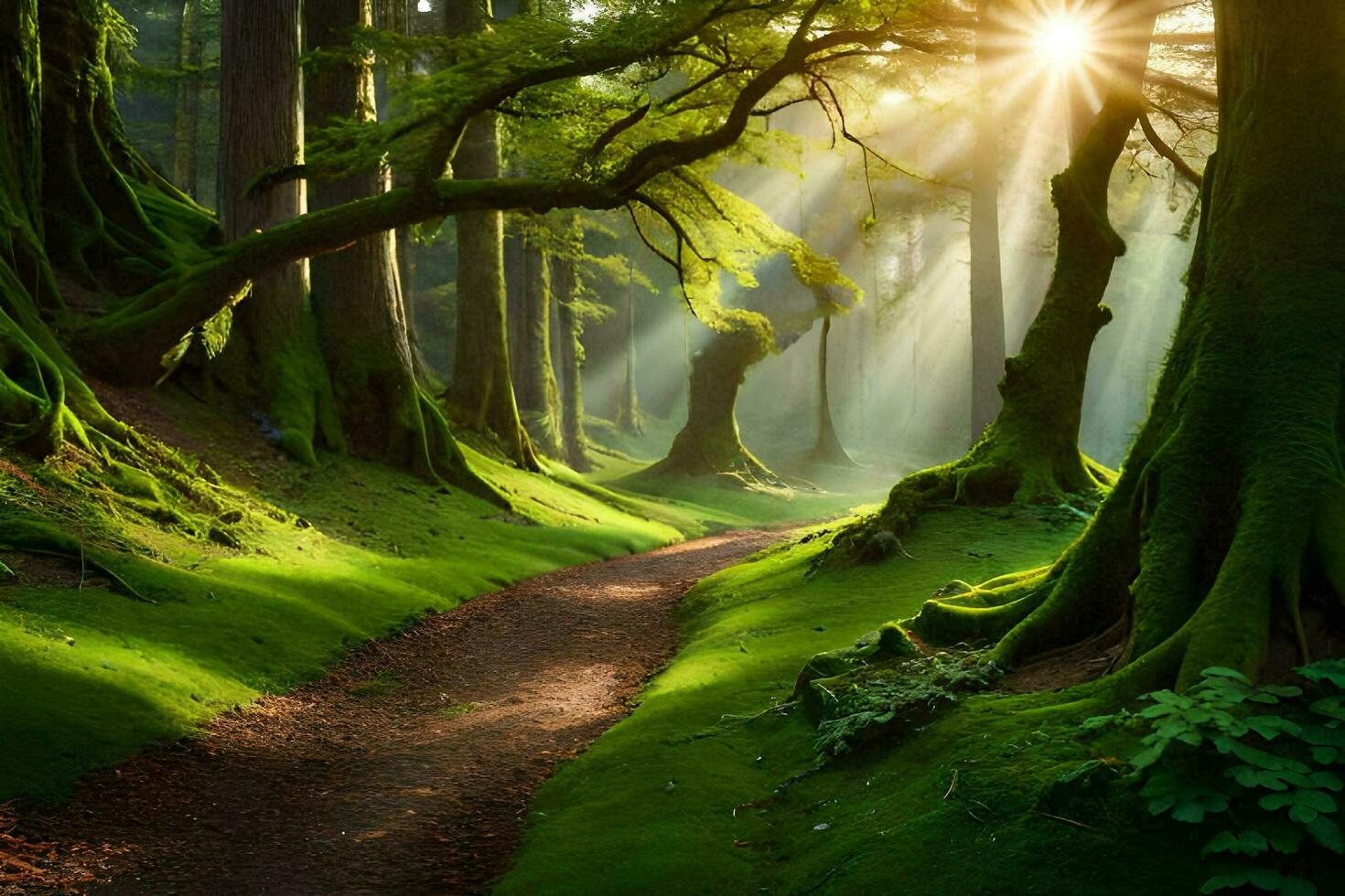 a path through a forest with trees and sun. AI-Generated photo