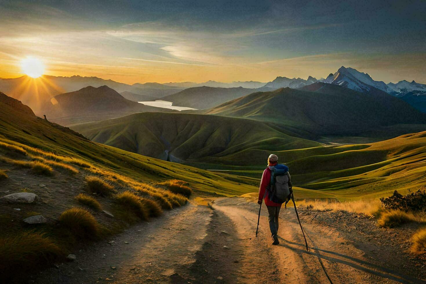 a person walking on a trail in the mountains. AI-Generated photo