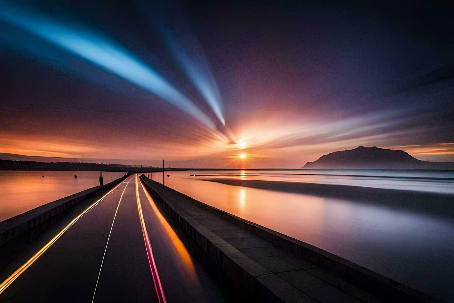 a long exposure photograph of a road and water. AI-Generated photo