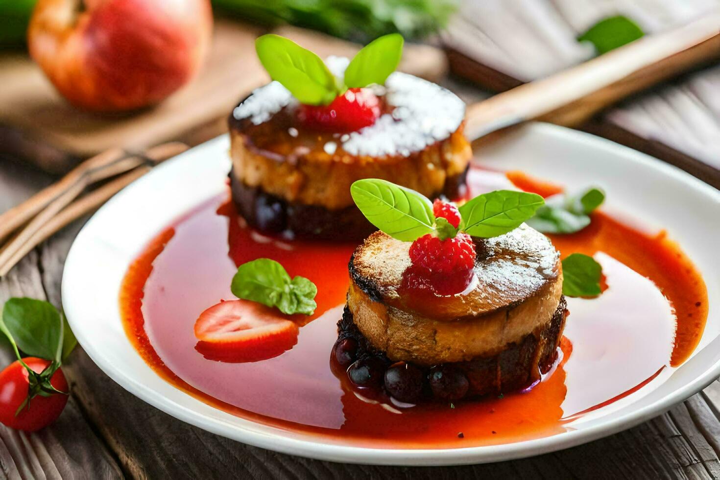 two desserts on a plate with sauce and berries. AI-Generated photo