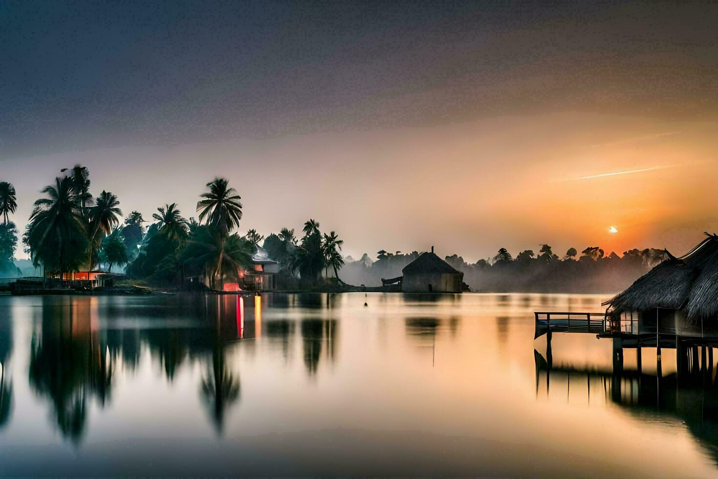 a beautiful sunrise over a lake with palm trees. AI-Generated photo