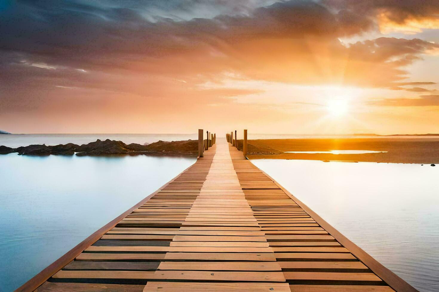 a wooden dock stretching out into the ocean at sunset. AI-Generated photo
