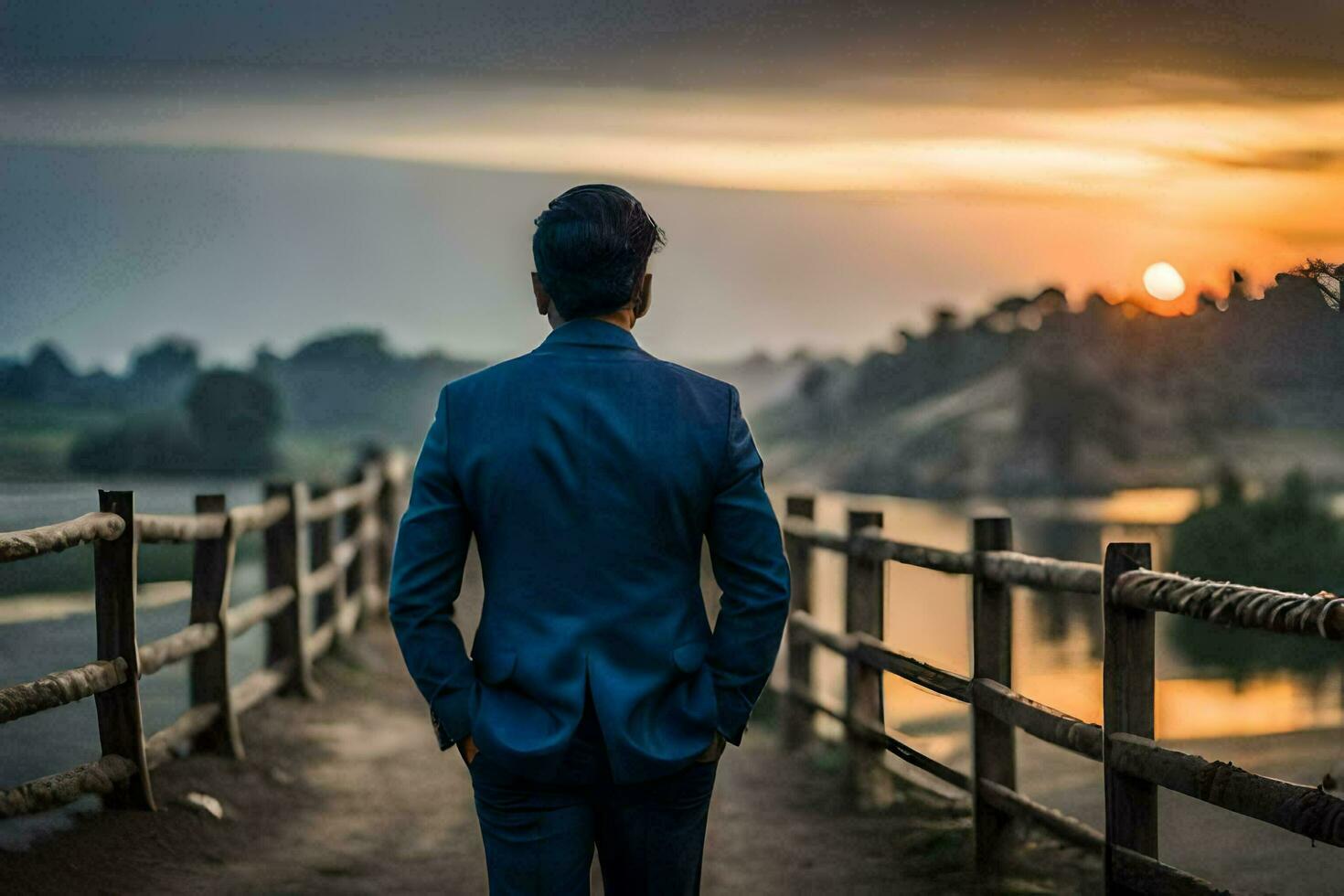 a man in a suit is standing on a bridge looking at the sunset. AI-Generated photo