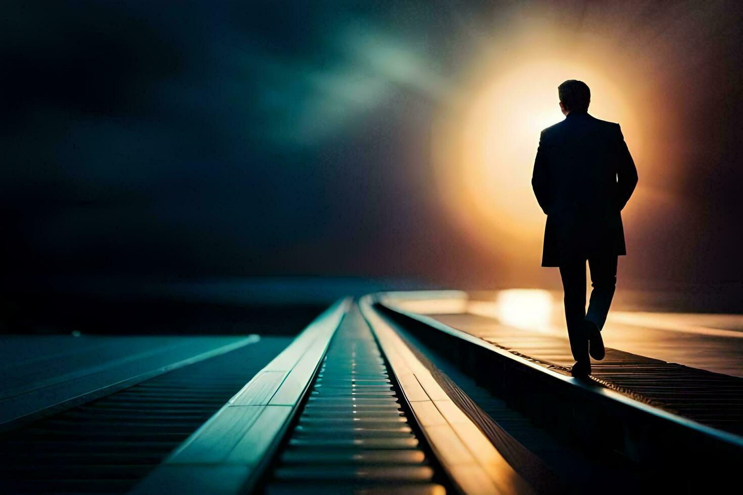 a man walking on a train track at sunset. AI-Generated photo