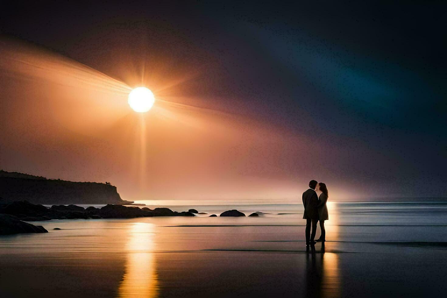 a couple standing on the beach at night with the sun setting behind them. AI-Generated photo