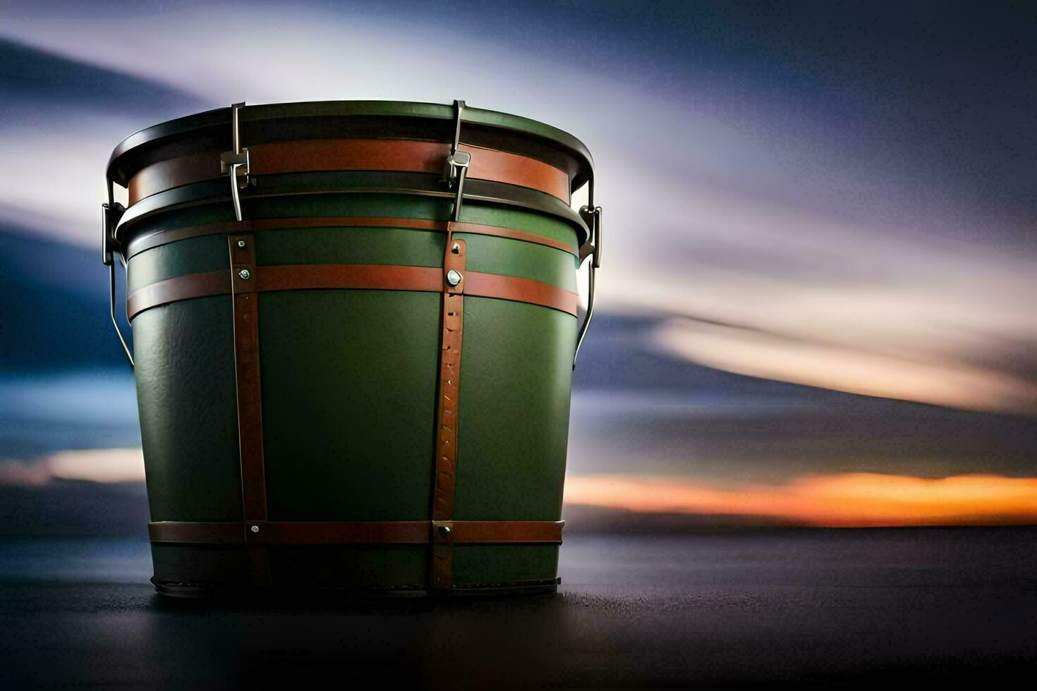 a green drum sitting on a table with a blurry background. AI-Generated photo