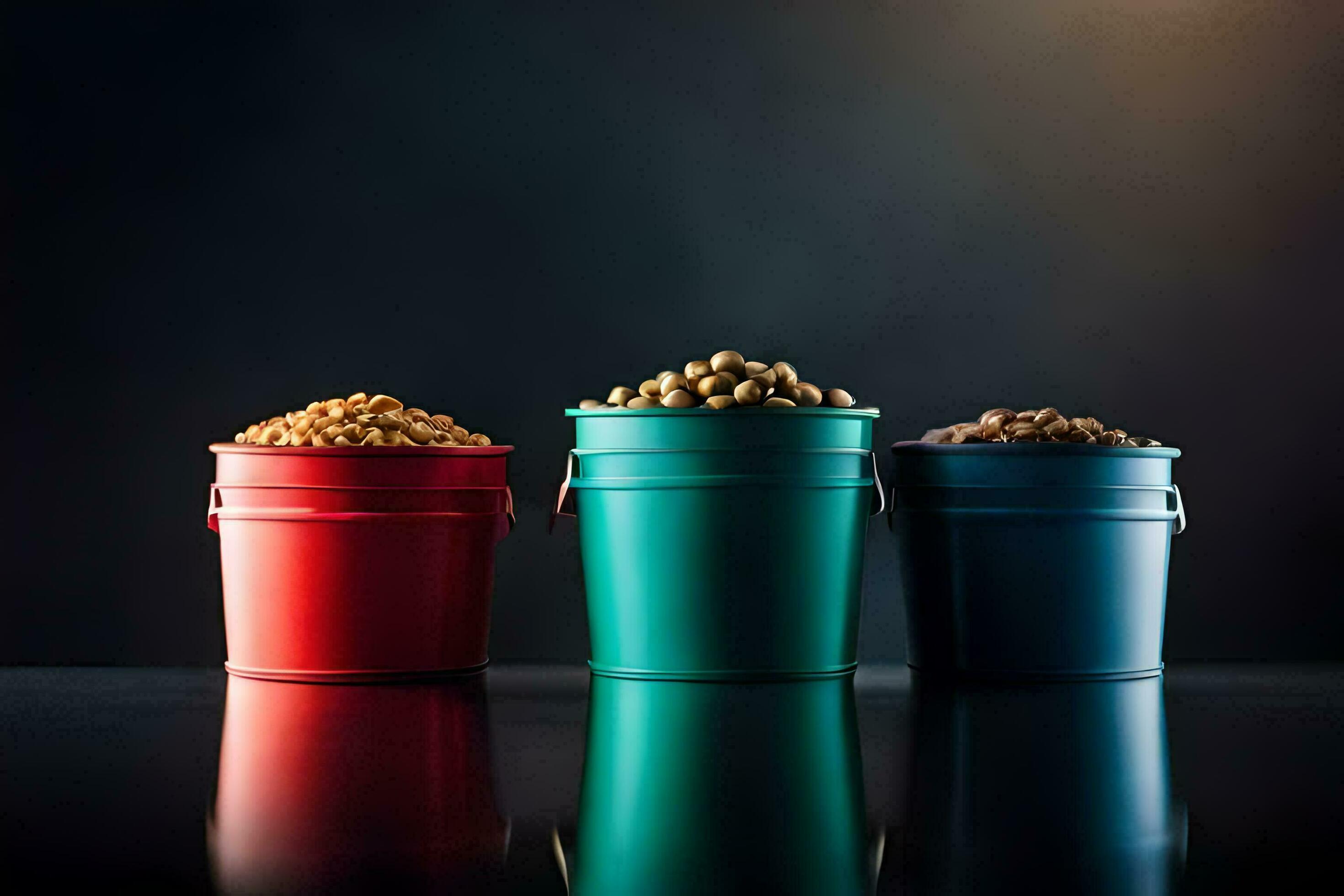 three buckets of different colored beans on a black background. AI