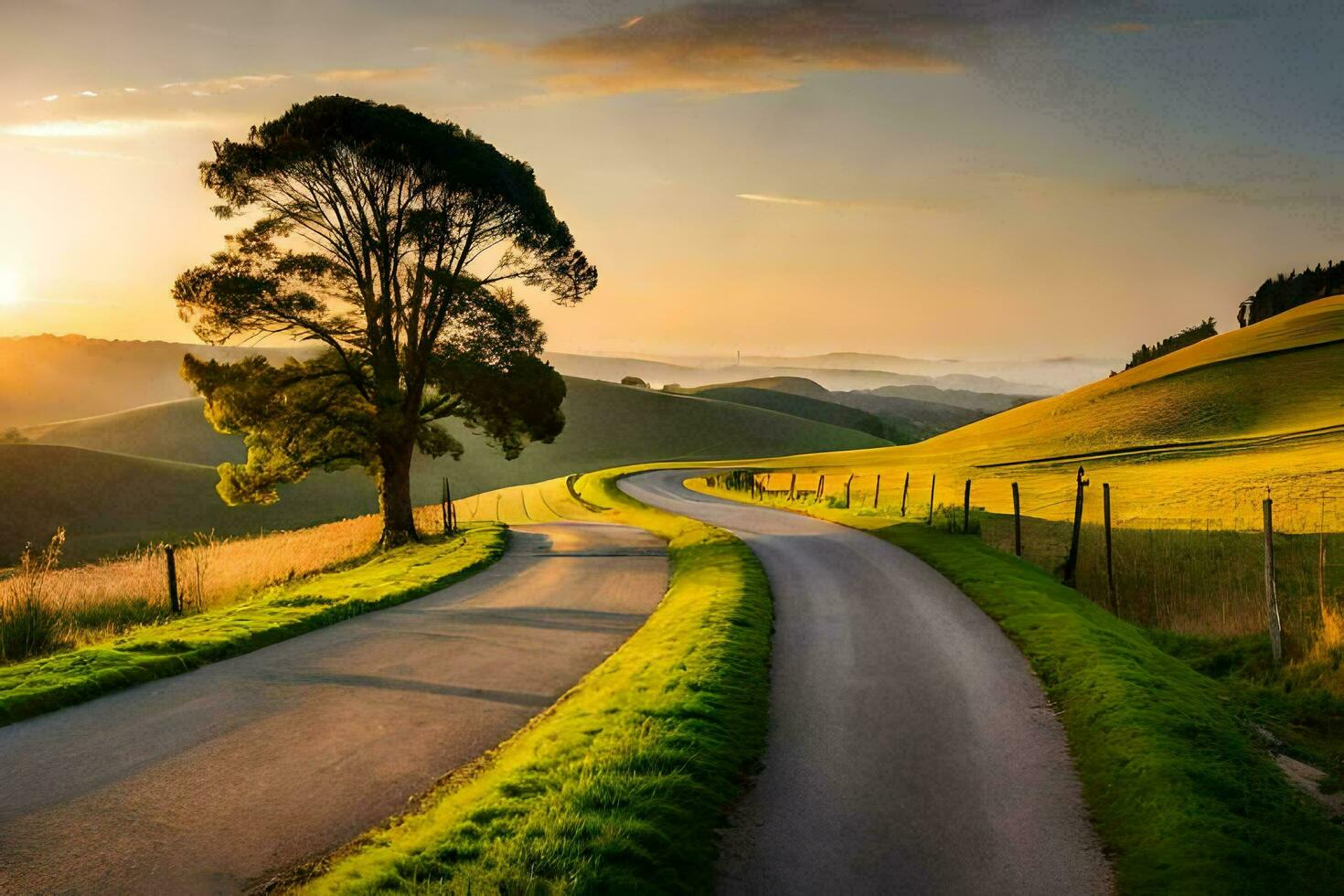 the road to the sunset. AI-Generated photo