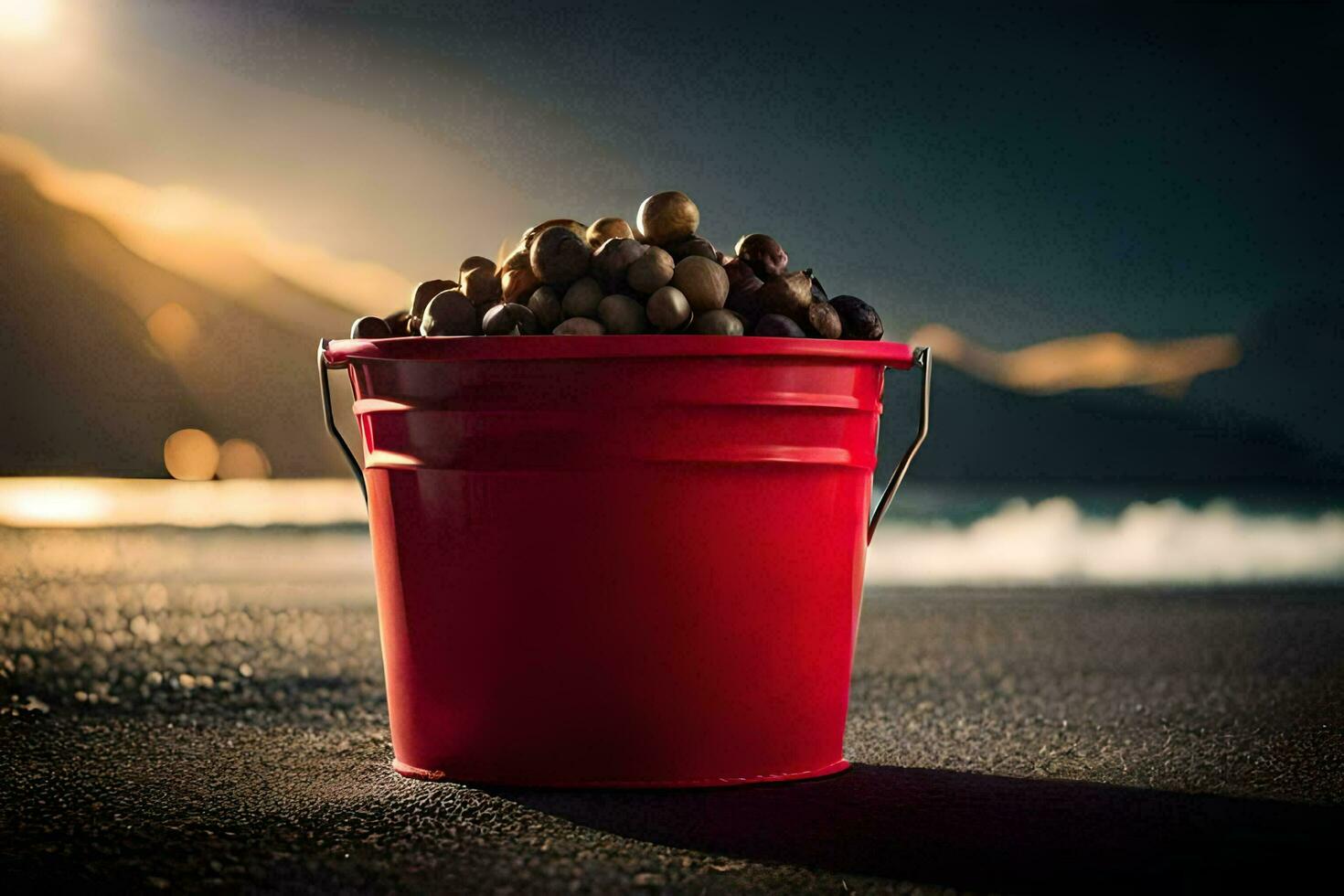 a bucket of olives on the beach. AI-Generated photo