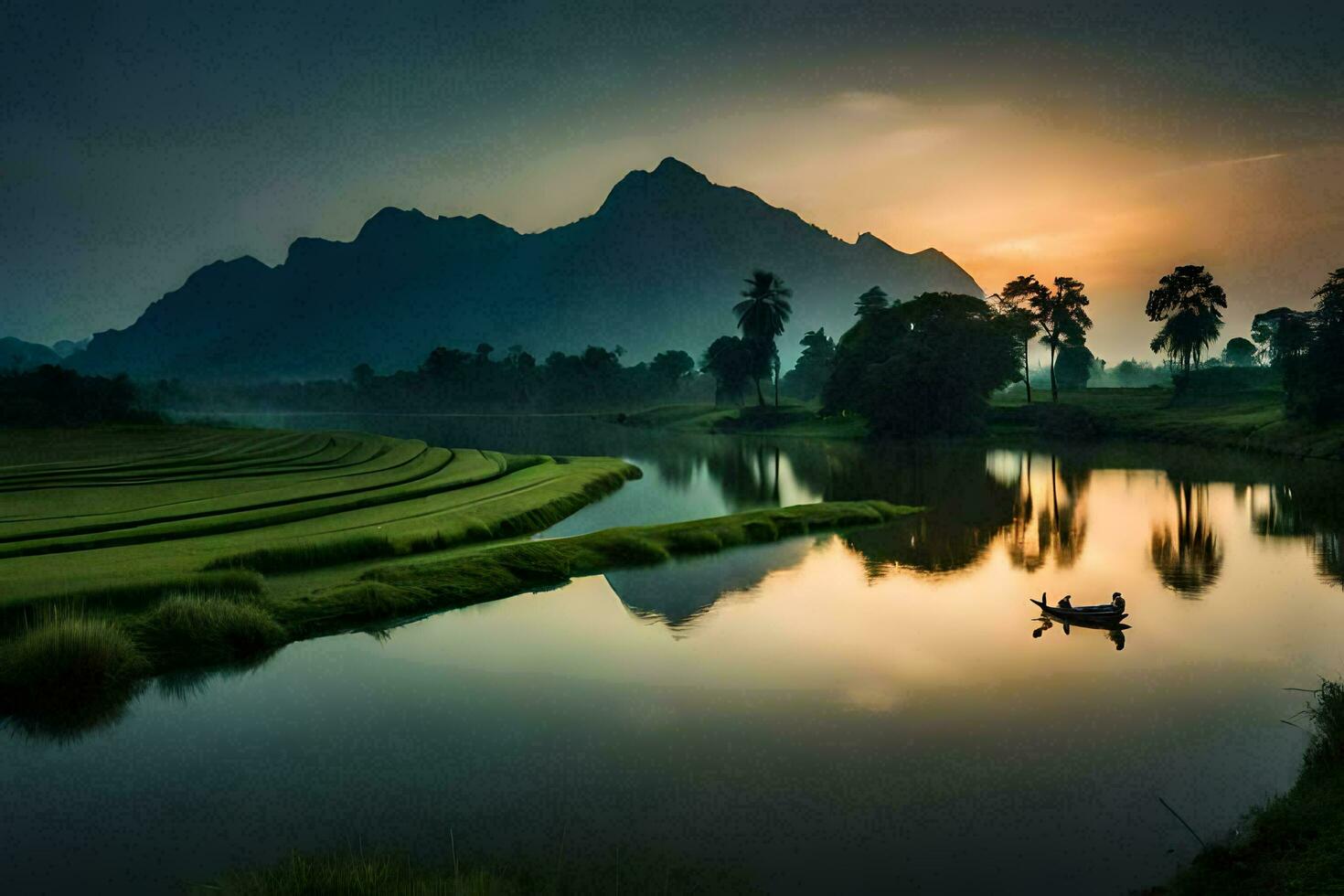 un hombre es remo un barco en un río a puesta de sol. generado por ai foto