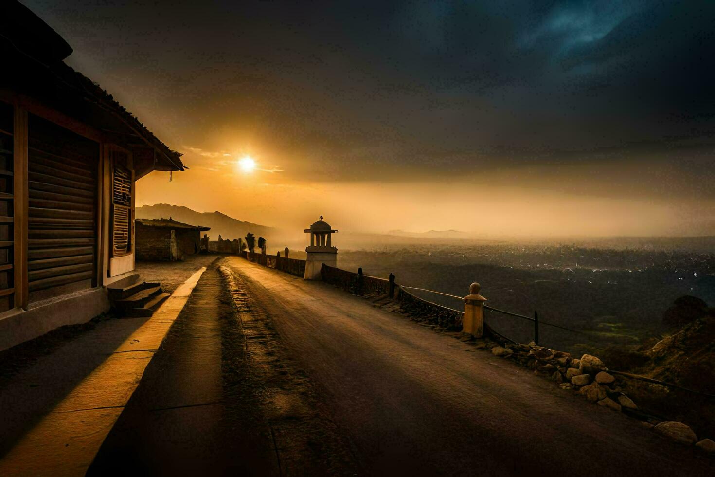 a road leading to a village at sunset. AI-Generated photo