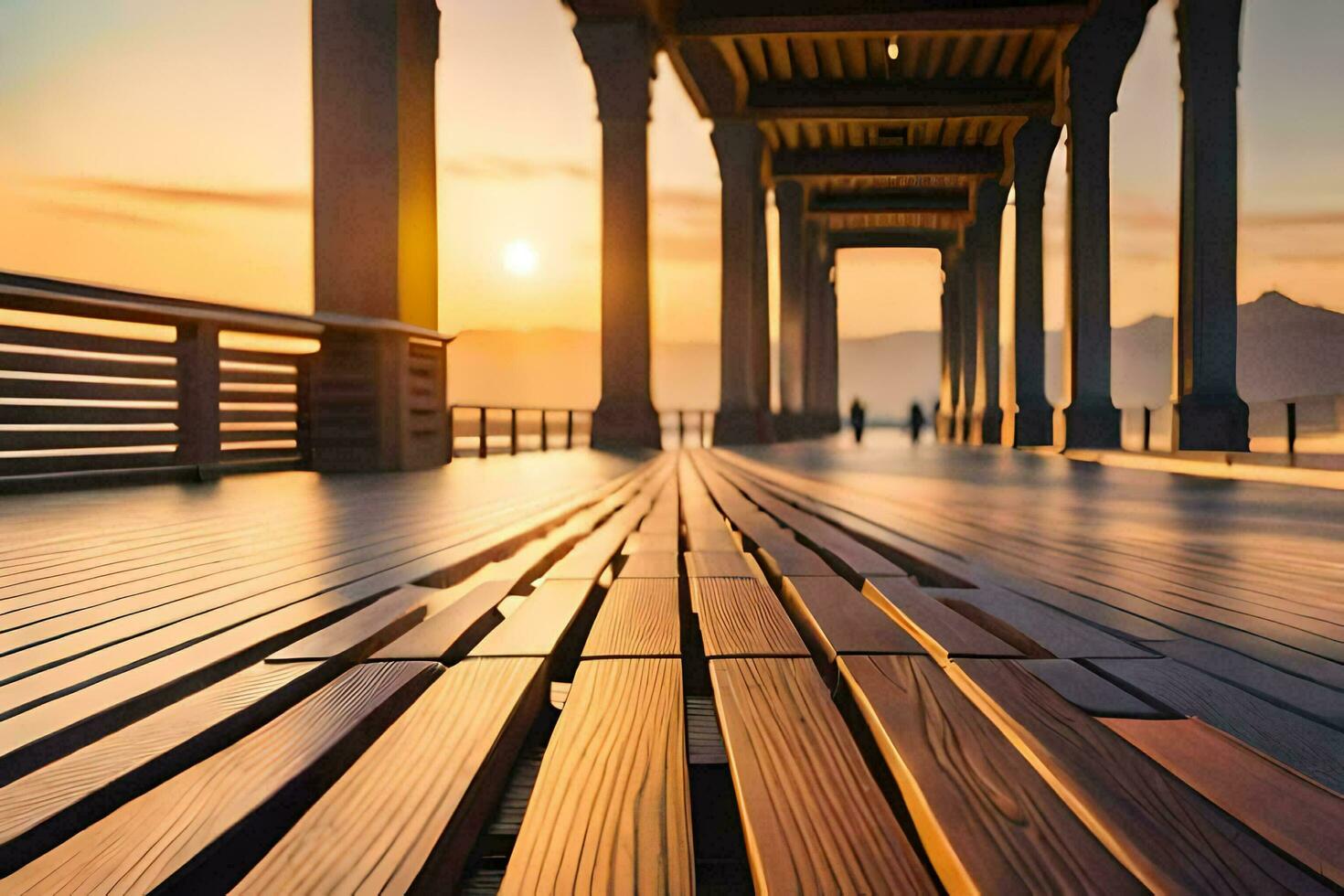 a long wooden pier with the sun setting behind it. AI-Generated photo