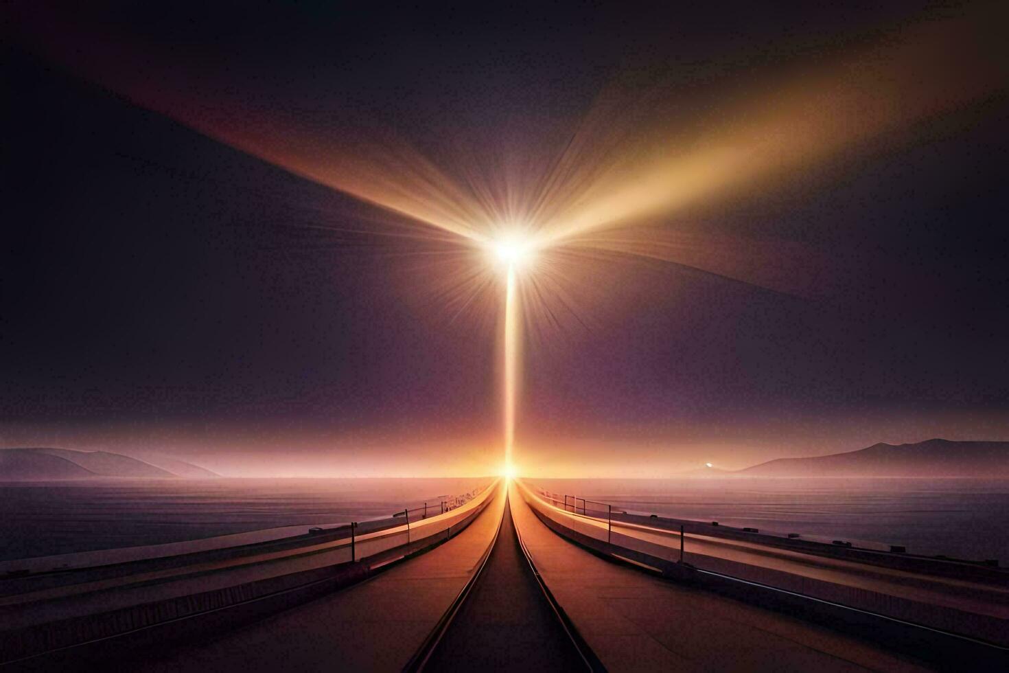 a long road with a bright light shining on it. AI-Generated photo