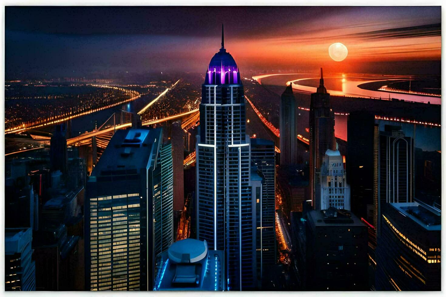 the city skyline at sunset with a purple moon. AI-Generated photo