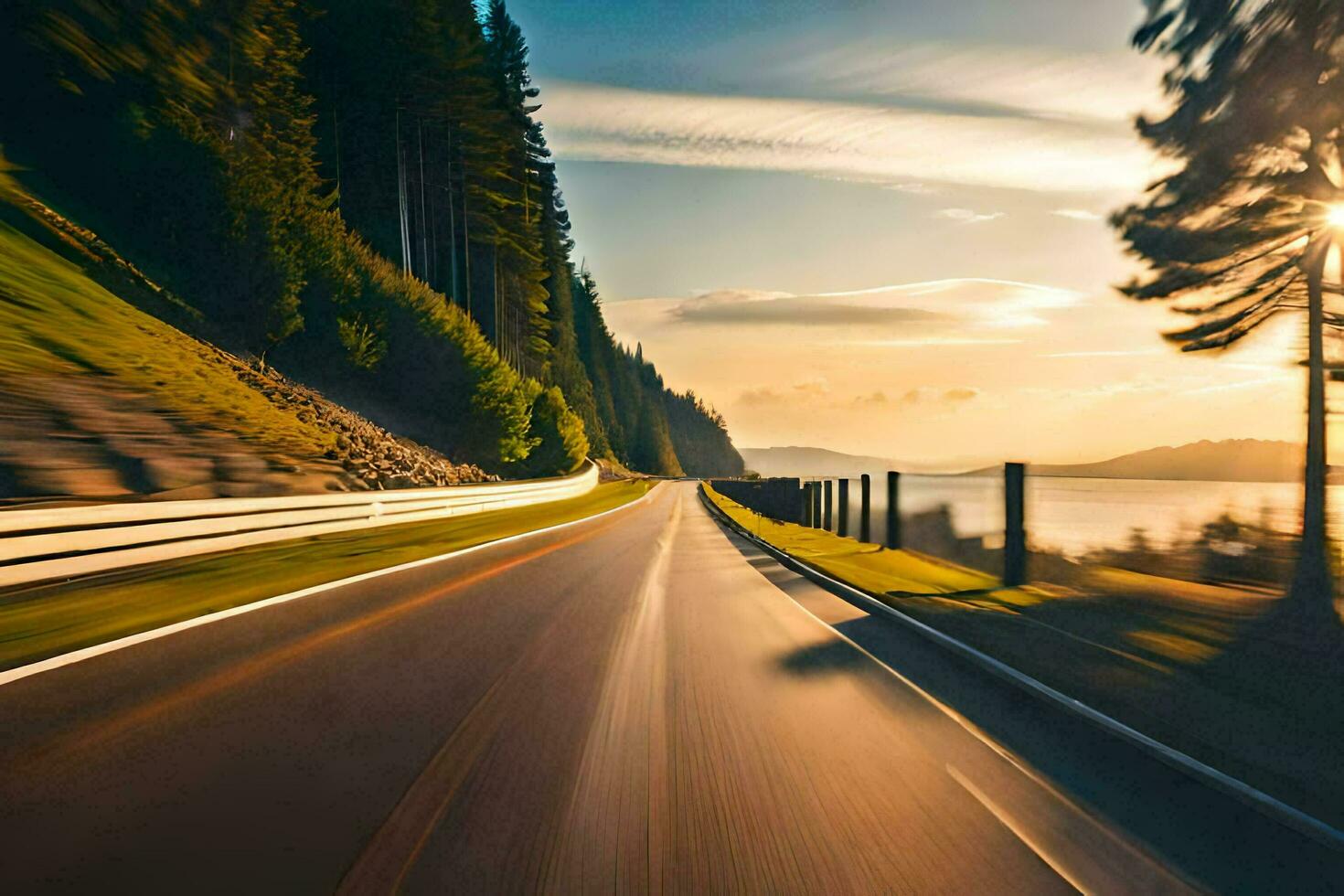 a car driving on a road with the sun setting behind it. AI-Generated photo