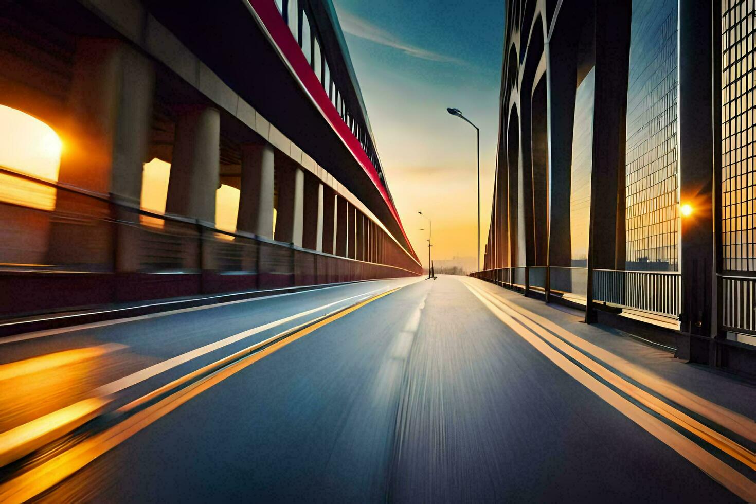 a blurry image of a bridge at sunset. AI-Generated photo