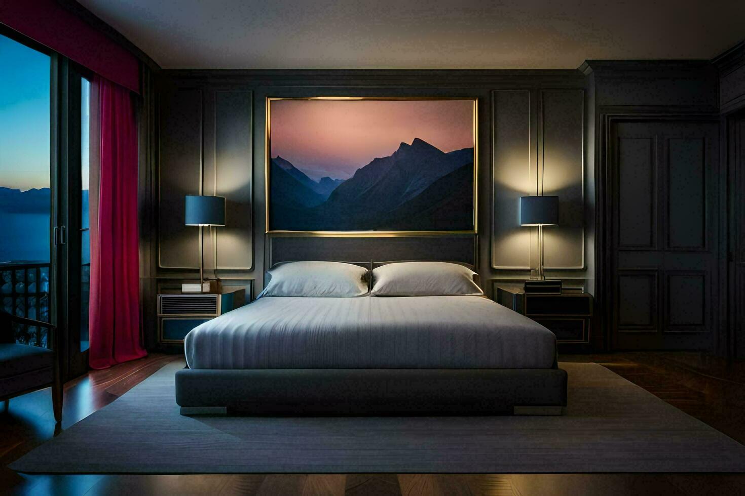 a bedroom with a large painting on the wall. AI-Generated photo