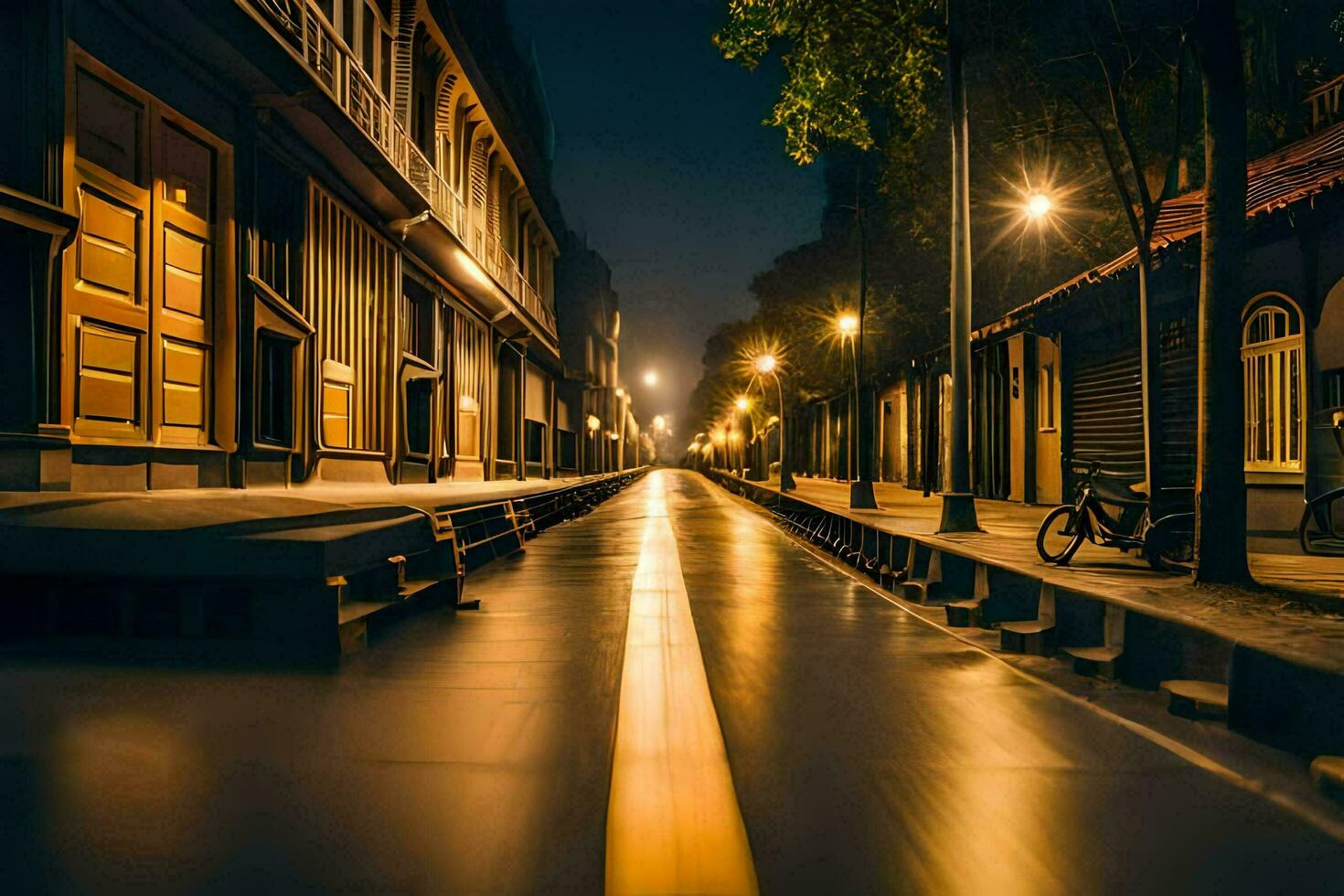 un largo exposición foto de un calle a noche. generado por ai