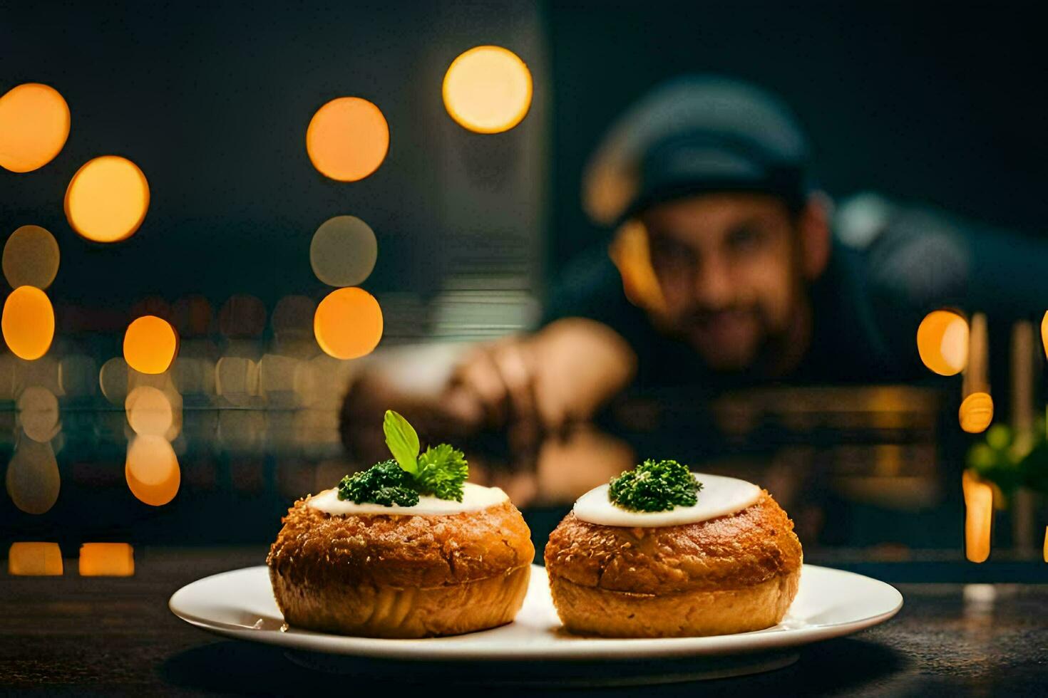 two pastries on a plate with a man behind the bar. AI-Generated photo