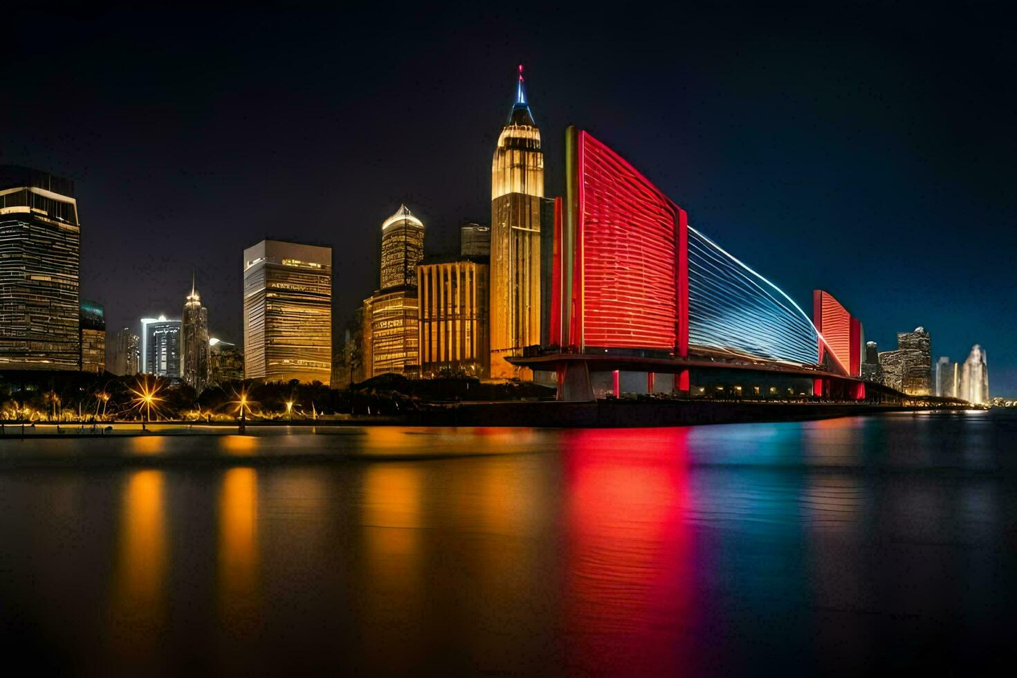 el ciudad horizonte a noche con un puente terminado agua. generado por ai foto