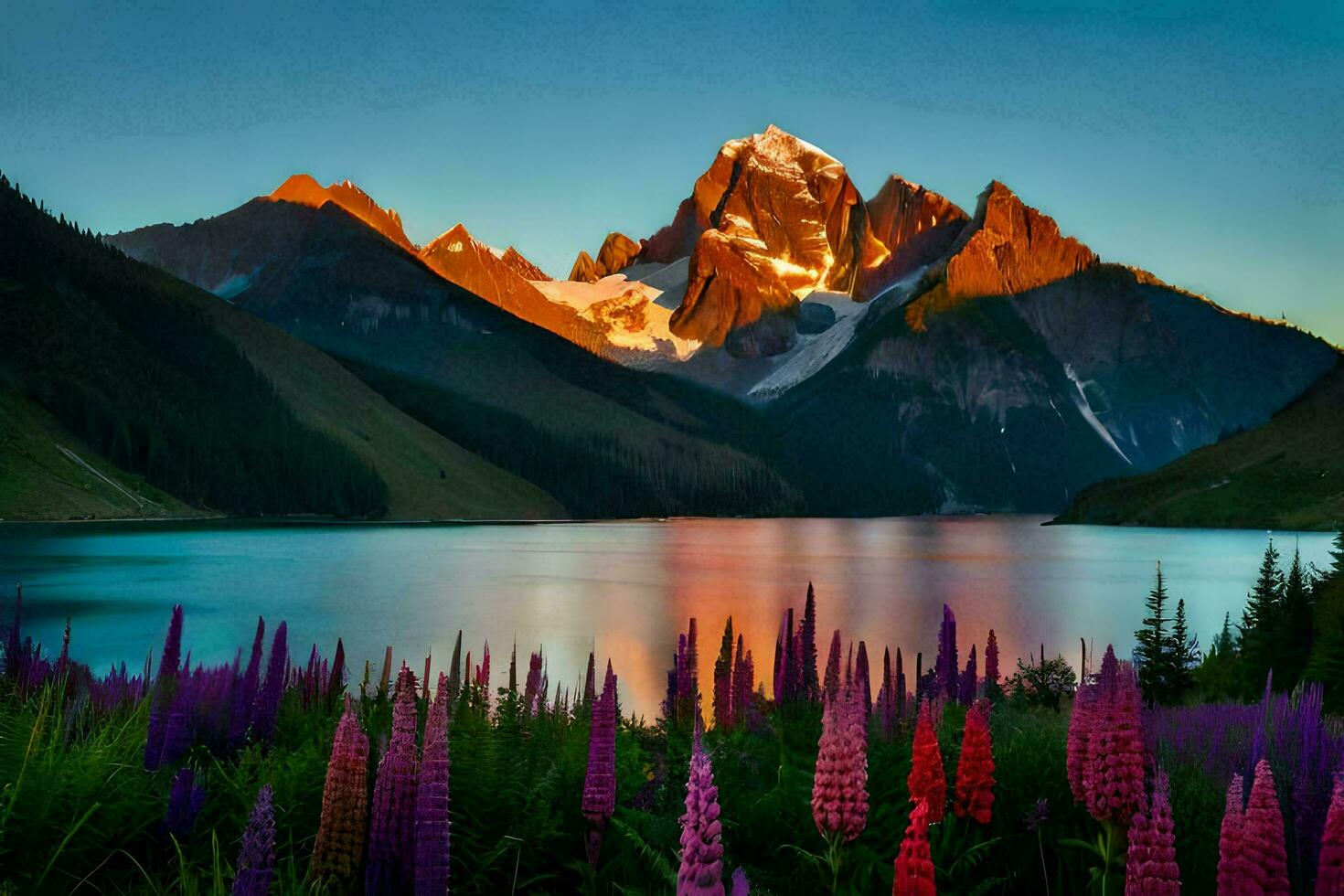 the mountains are reflected in the lake. AI-Generated photo