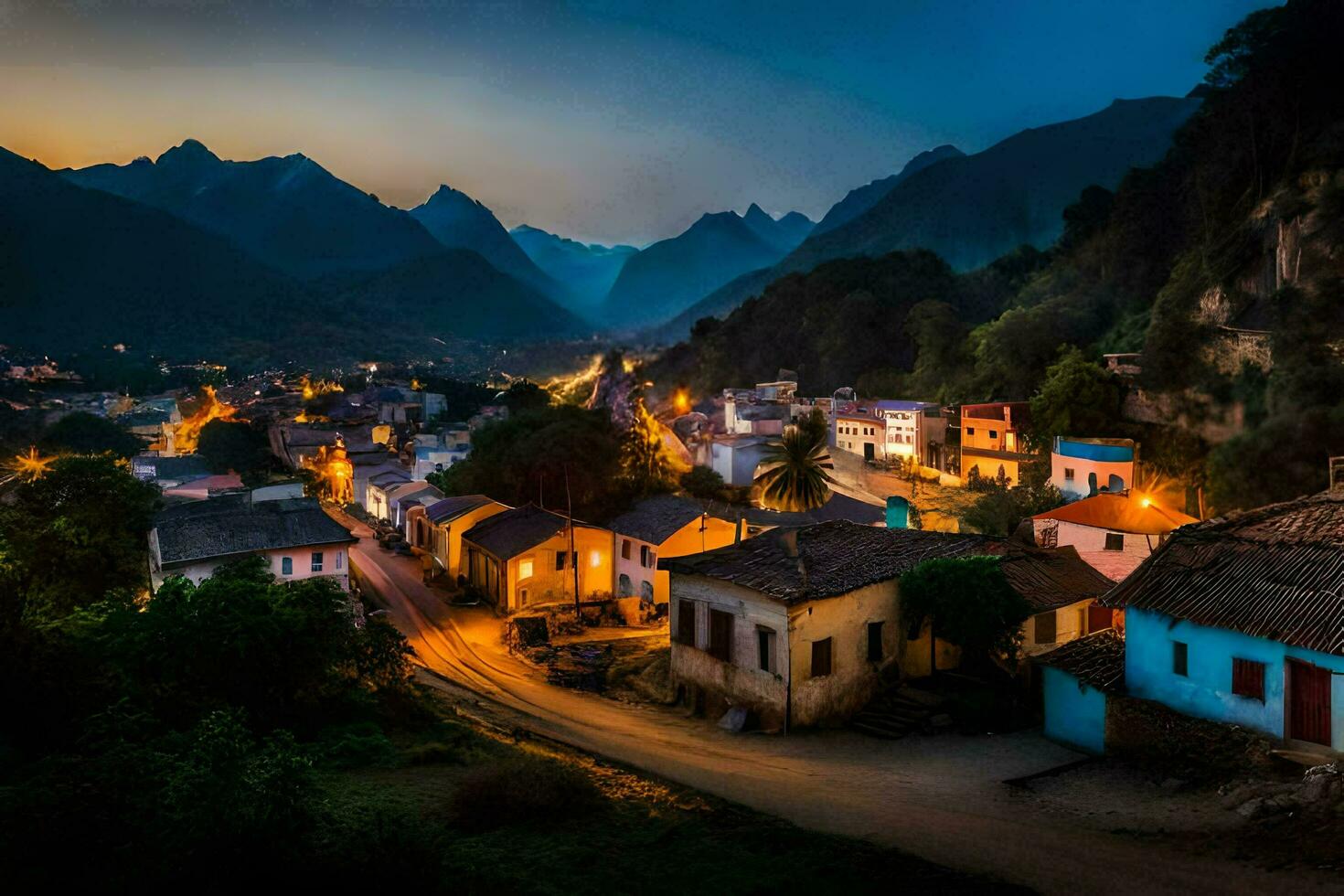 photo wallpaper the sky, mountains, night, the village, vietnam. AI-Generated
