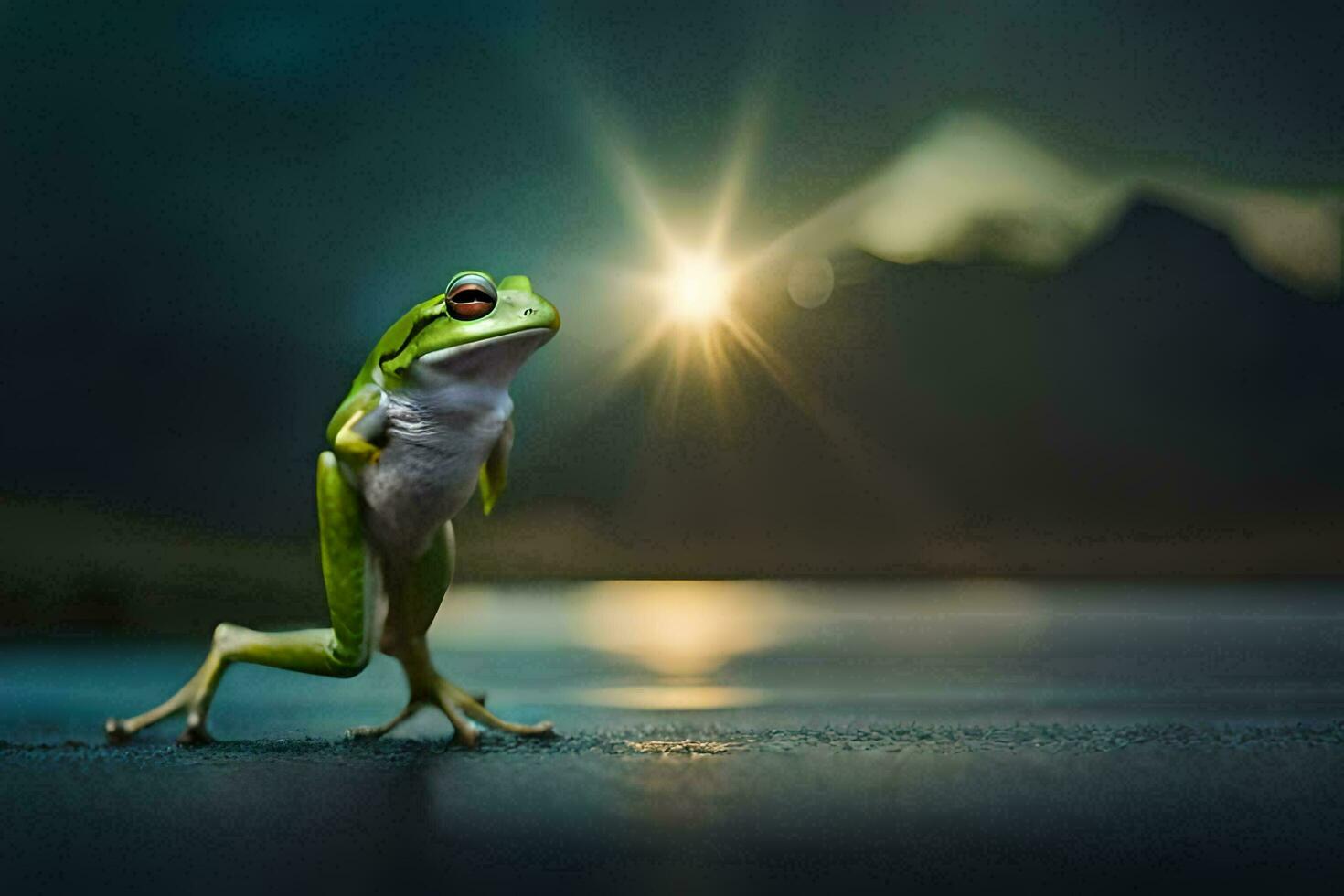 a frog standing on its hind legs with the sun shining in the background. AI-Generated photo