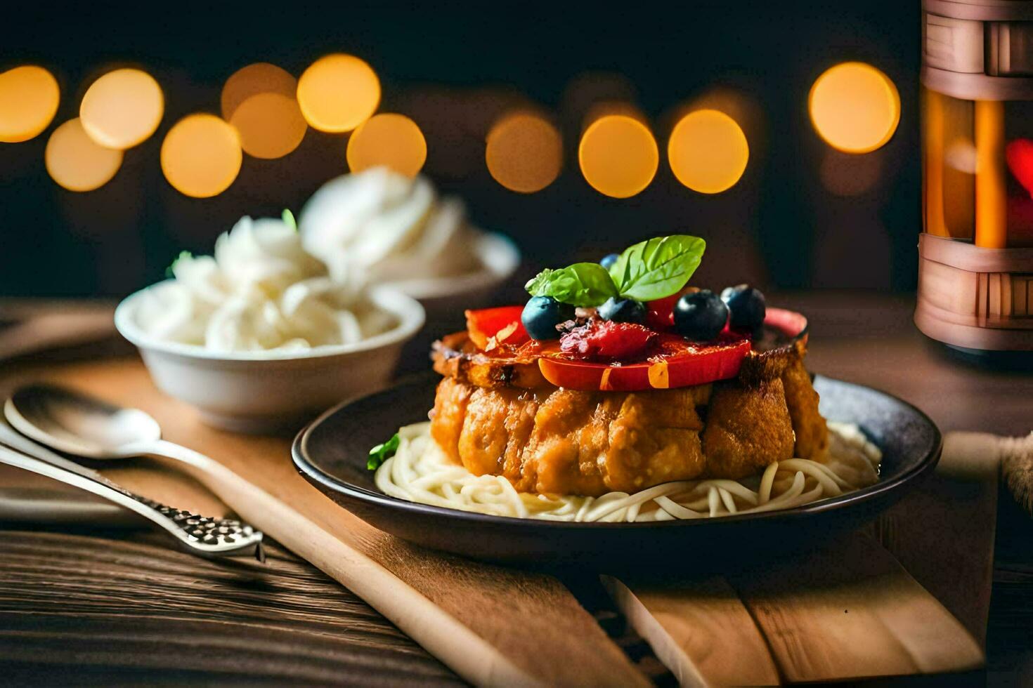 a dessert with berries and cream on a plate. AI-Generated photo
