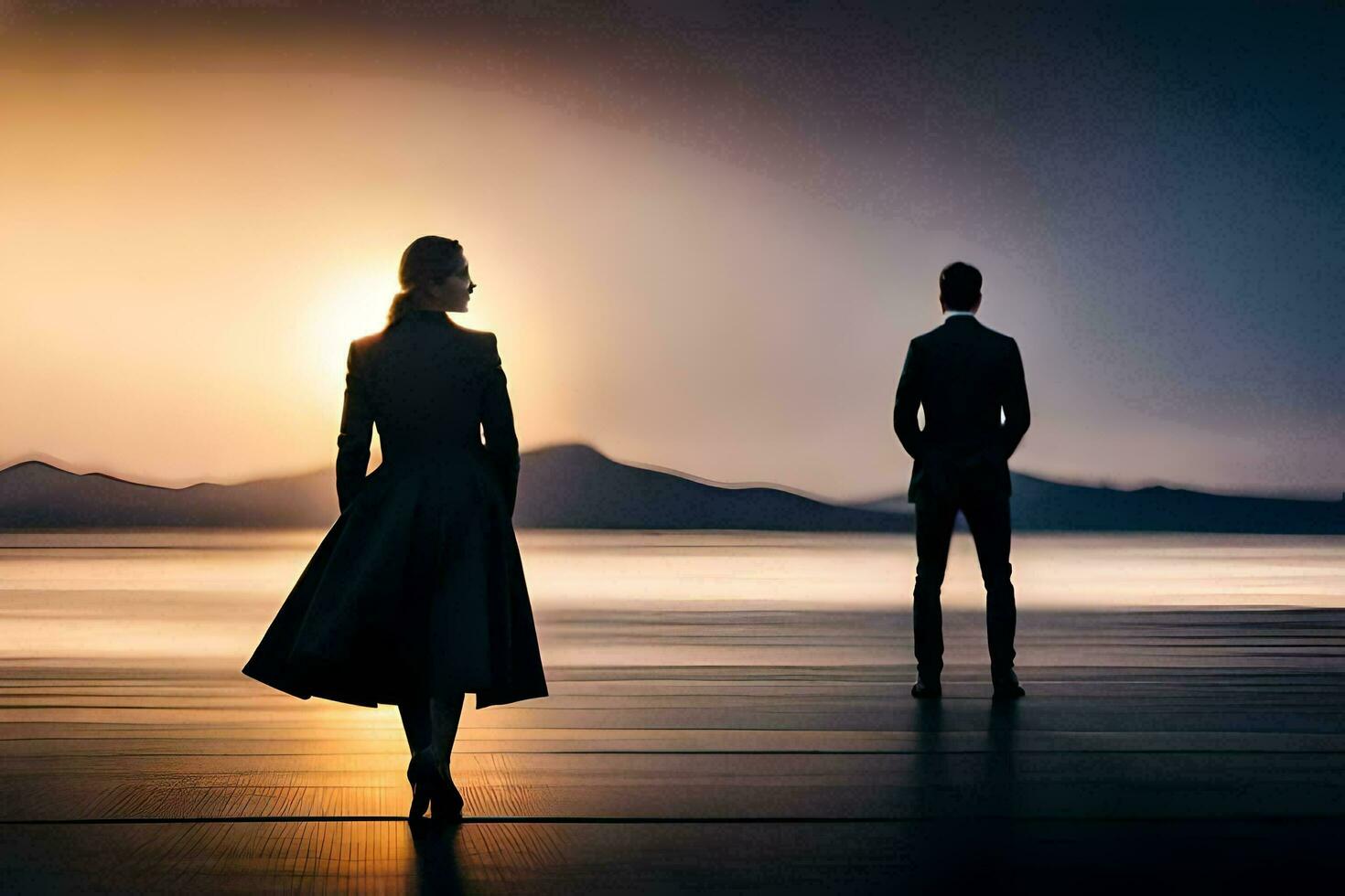 a man and woman standing on a beach at sunset. AI-Generated photo