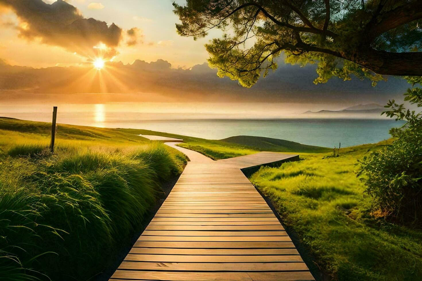 a wooden path leads to the ocean at sunset. AI-Generated photo