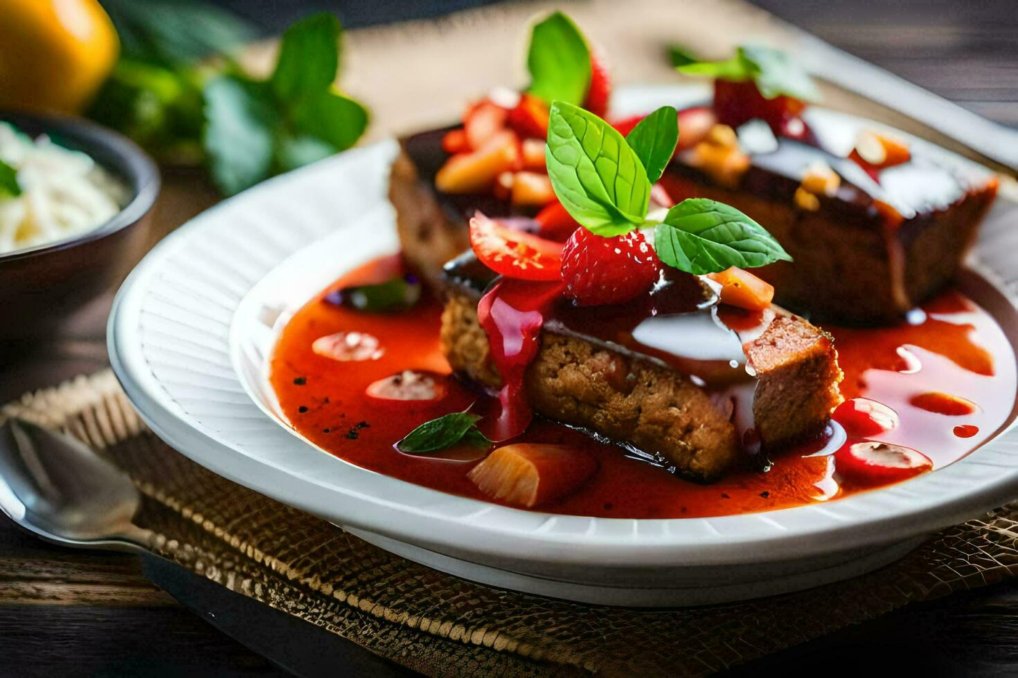 a plate of food with meat and sauce. AI-Generated photo