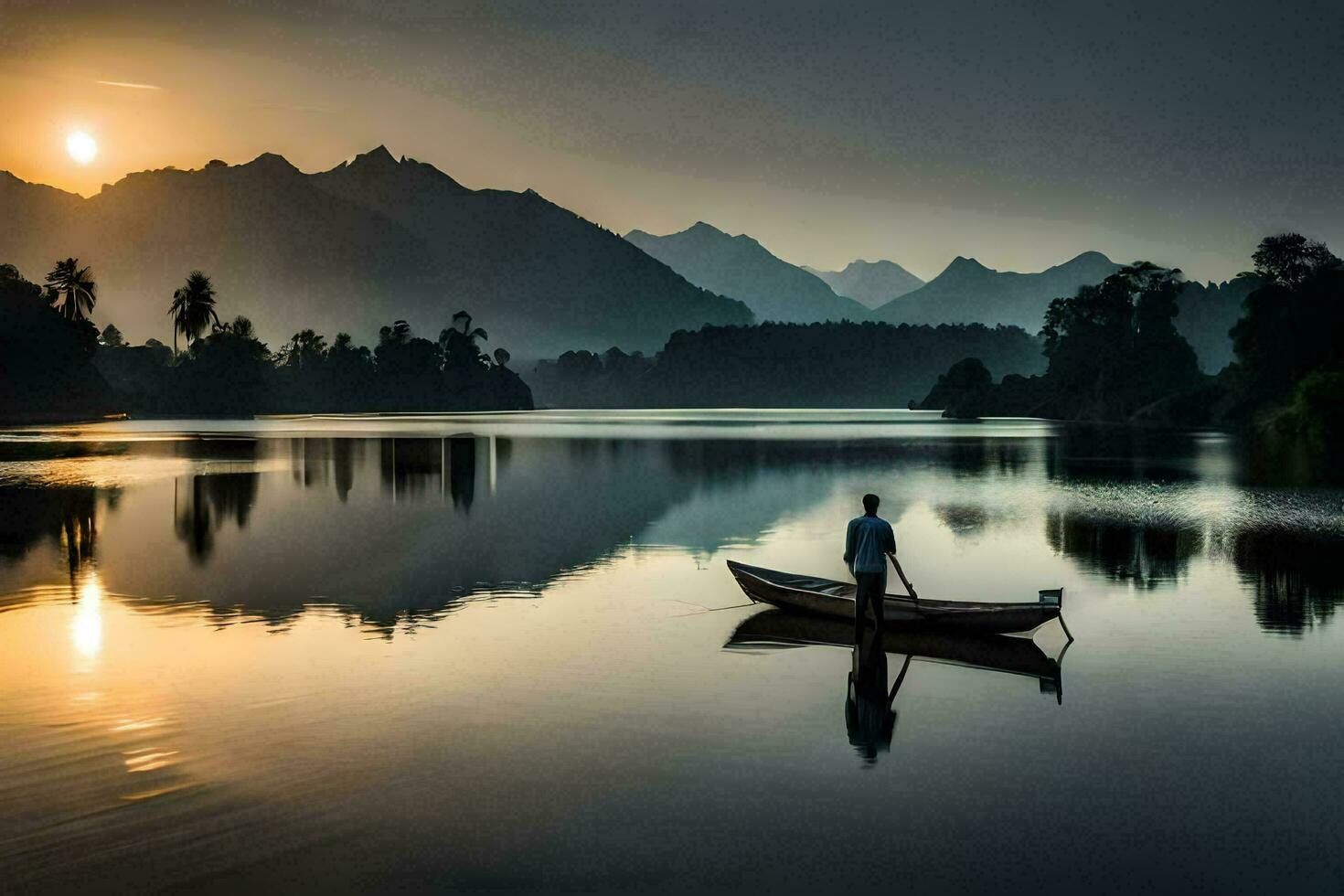 a man in a boat on a lake at sunset. AI-Generated photo