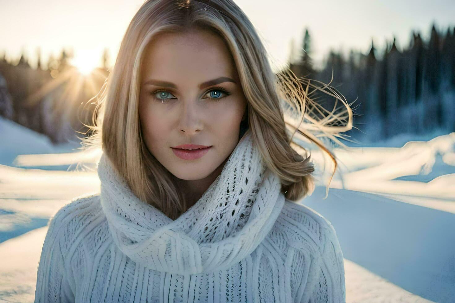 un hermosa rubia mujer en un blanco suéter. generado por ai foto