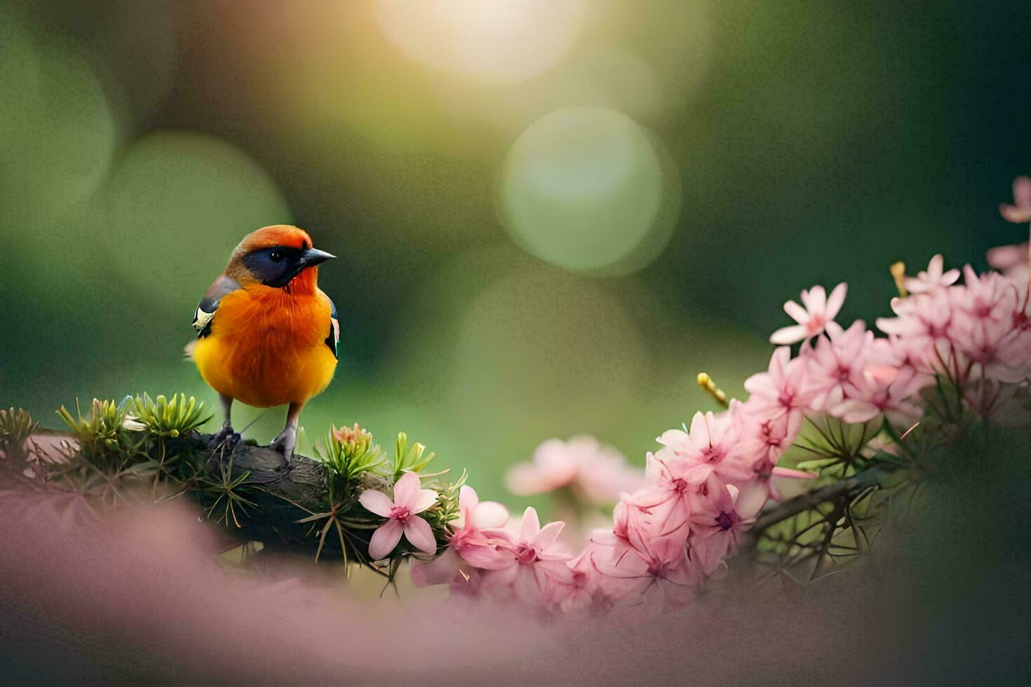 a small orange bird is perched on a branch with pink flowers. AI-Generated photo