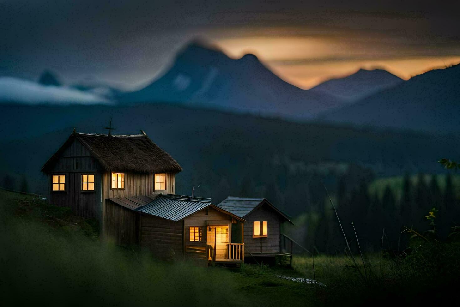 a small cabin in the mountains at dusk. AI-Generated photo