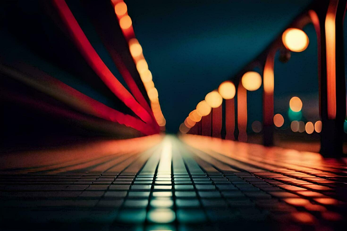 a long exposure photograph of lights on a bridge. AI-Generated photo