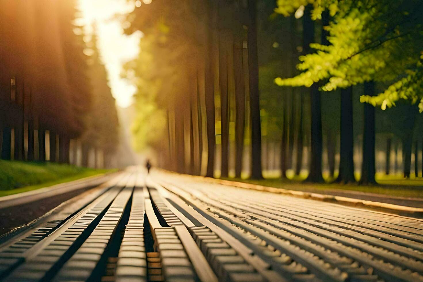 a long road with trees and a person walking on it. AI-Generated photo