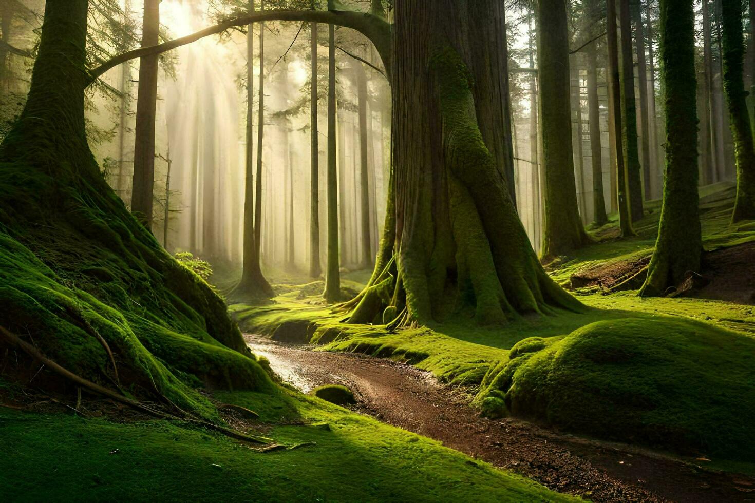 un bosque con cubierto de musgo arboles y luz de sol. generado por ai foto