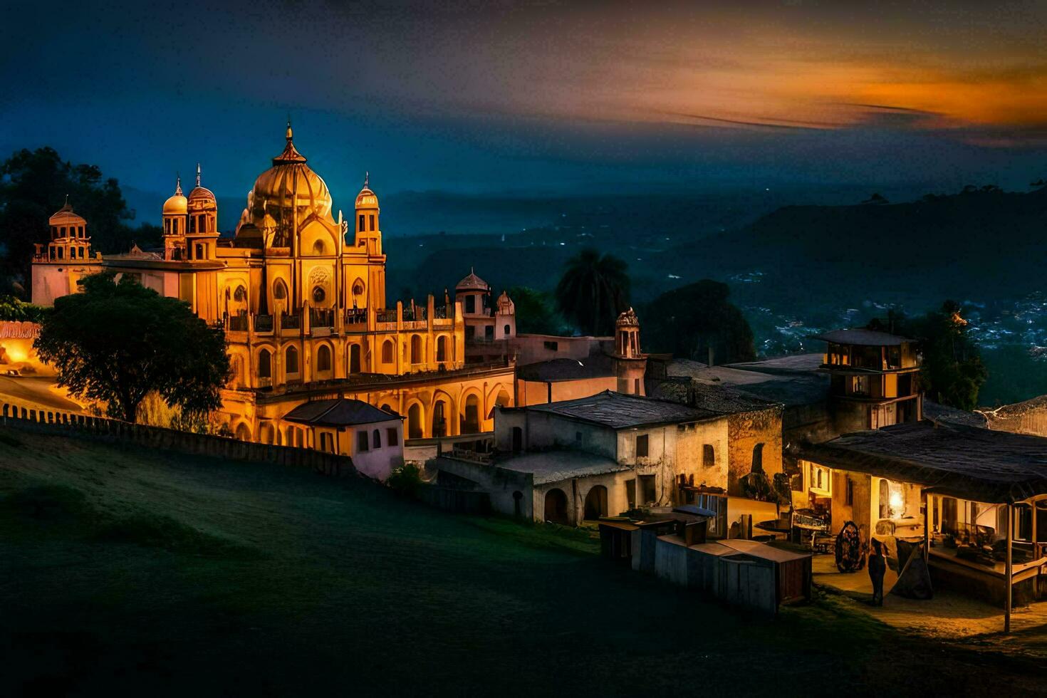 the sunset over a beautiful church in india. AI-Generated photo