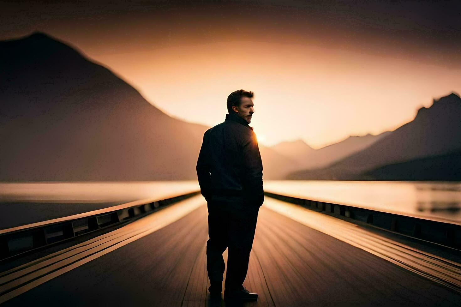 a man standing on a bridge looking at the sun. AI-Generated photo