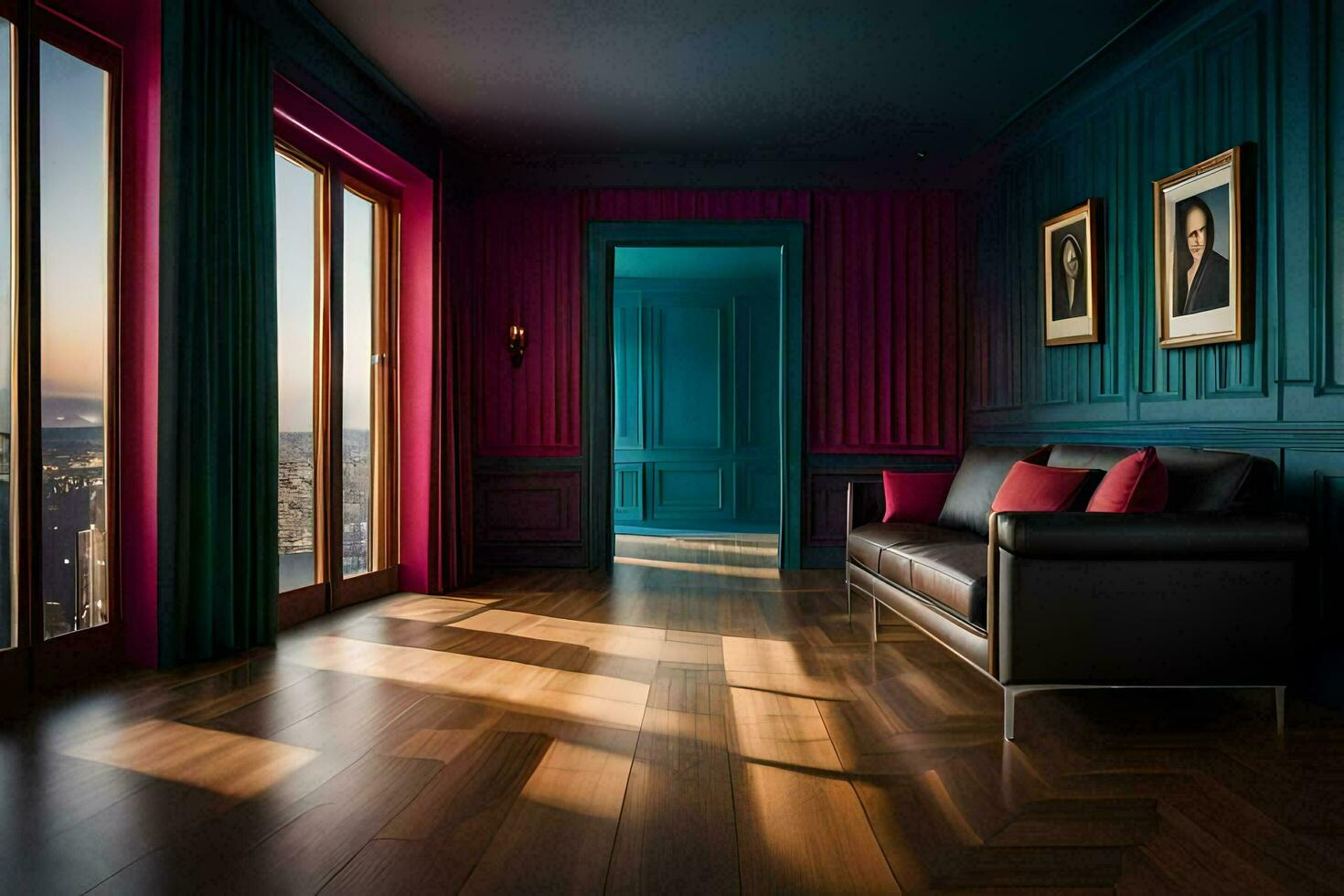 a room with blue walls and wood floors. AI-Generated photo