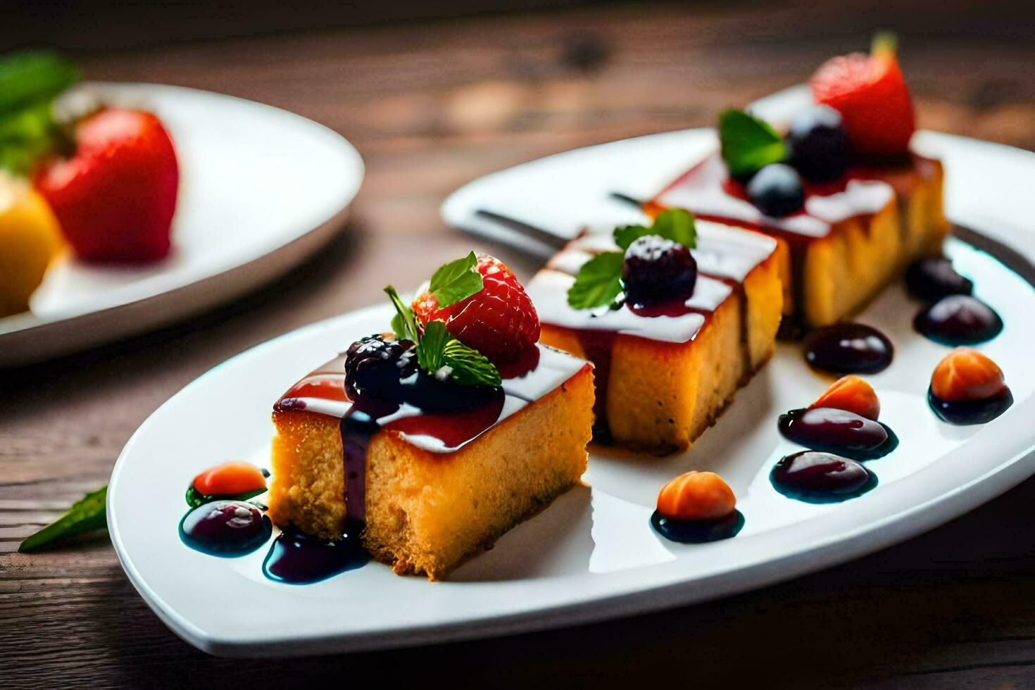 a plate with a slice of cake and berries. AI-Generated photo