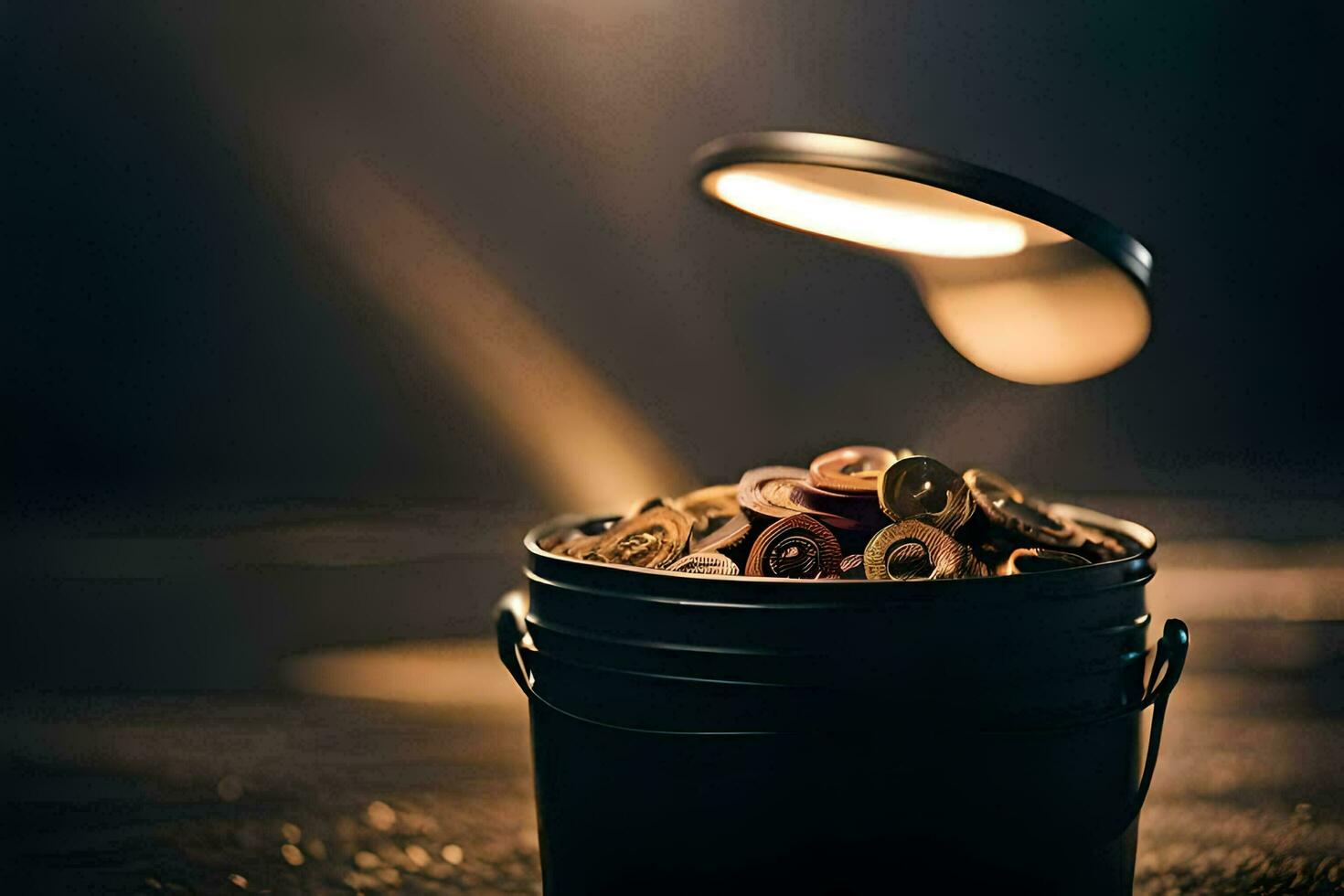 a bucket filled with coins and a light shining on it. AI-Generated photo