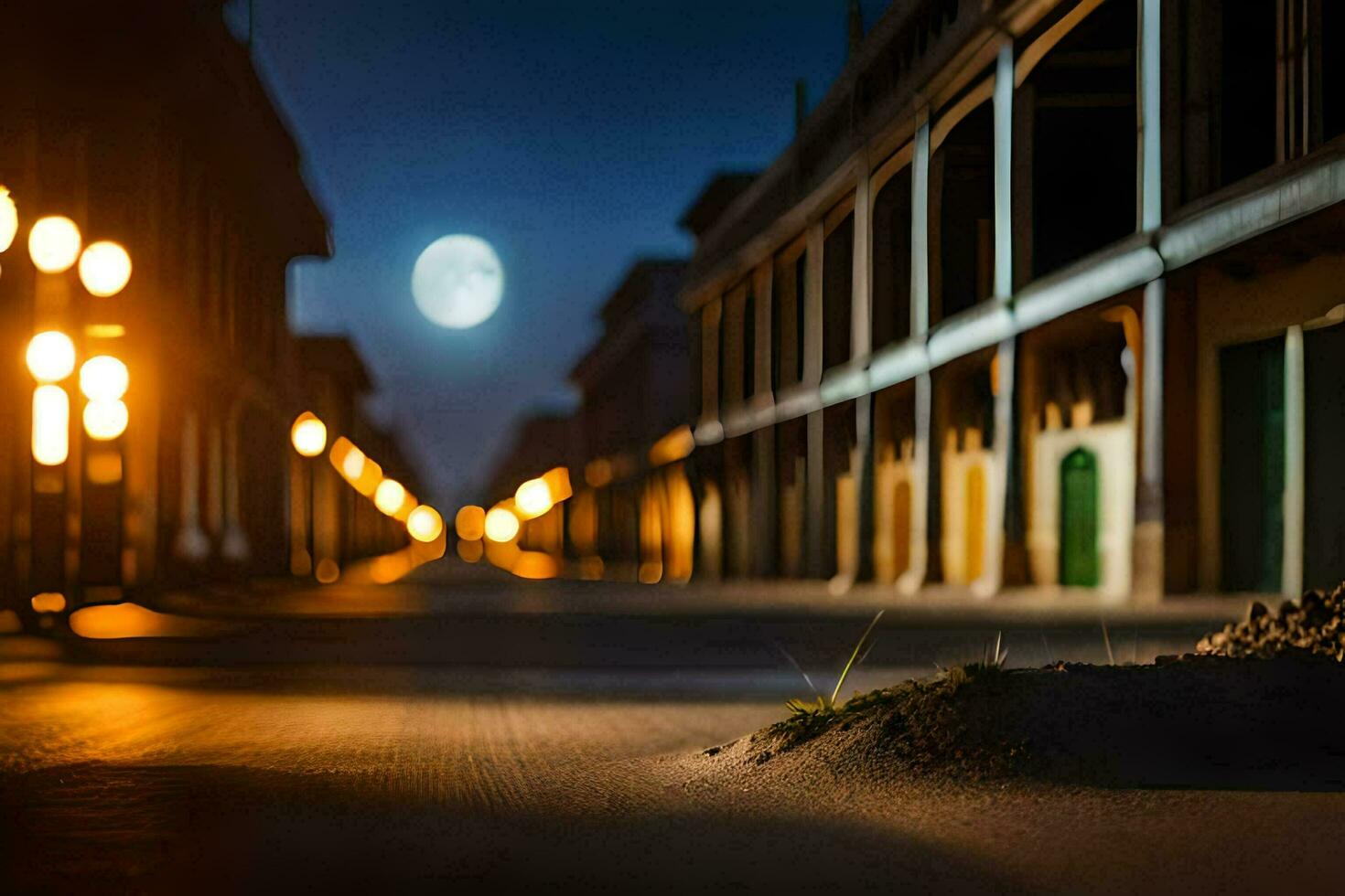 a street at night with a full moon in the background. AI-Generated photo