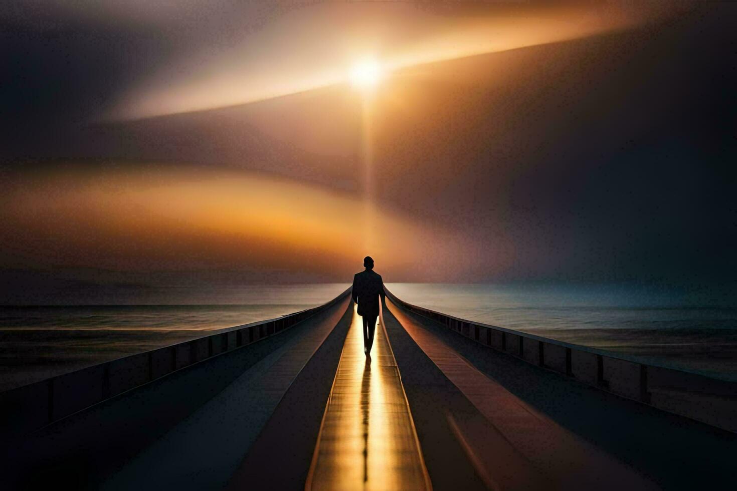 a man walking on a pier at sunset. AI-Generated photo
