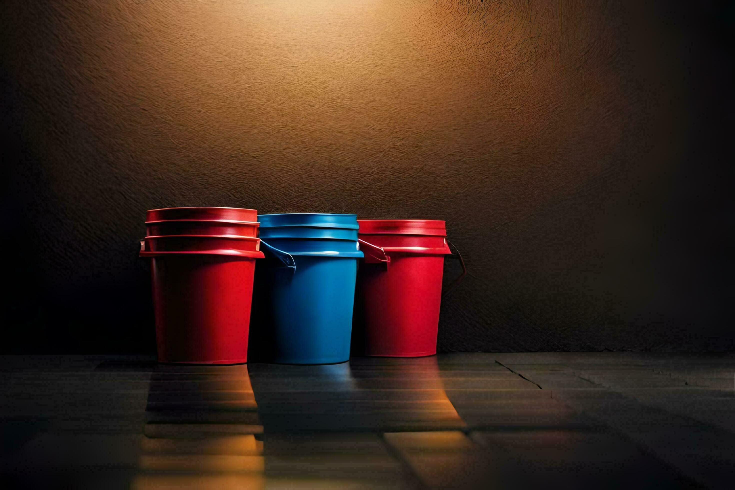 three red and blue buckets sit on a dark floor. AIGenerated 33907456