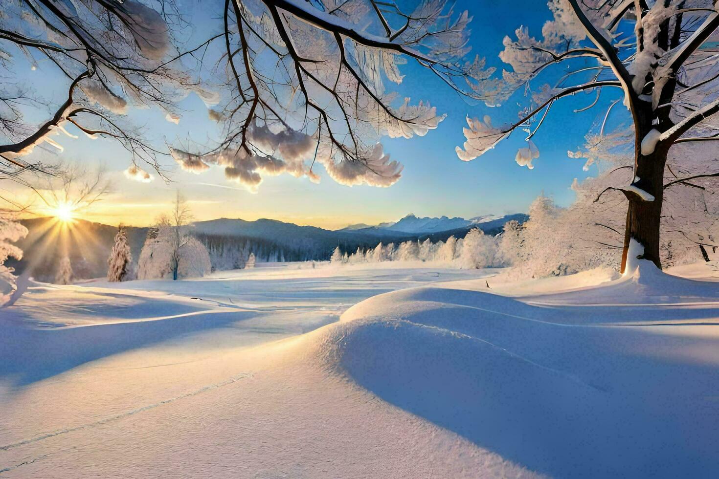 photo wallpaper the sky, snow, trees, mountains, sun, trees, winter, trees,. AI-Generated