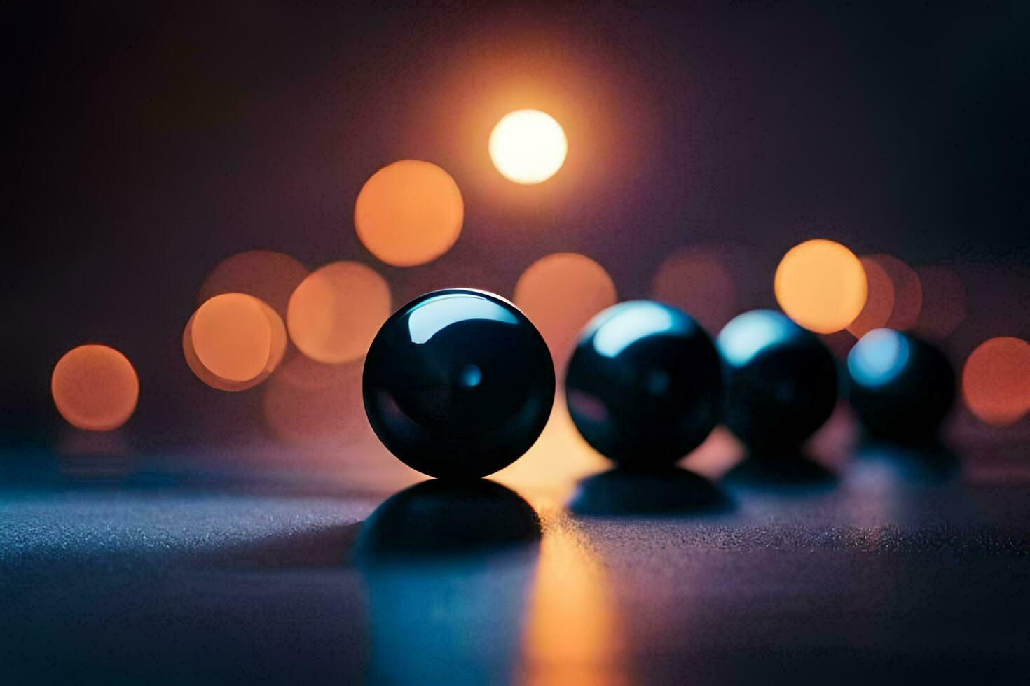 black balls on a table with a light behind them. AI-Generated photo