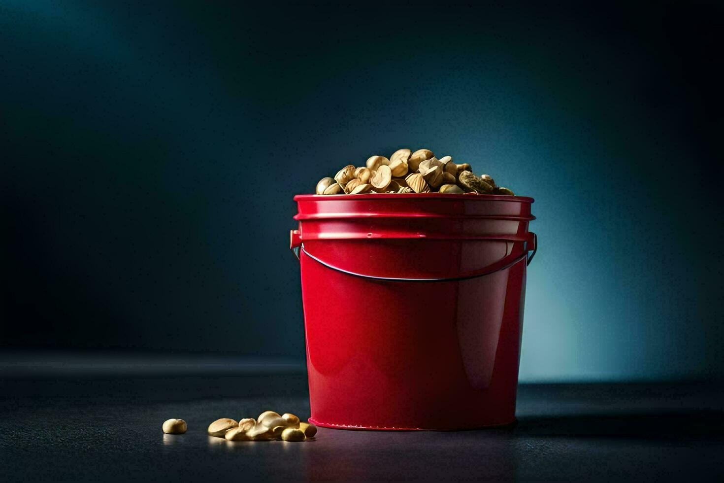 a red bucket filled with peanuts on a dark table. AI-Generated photo