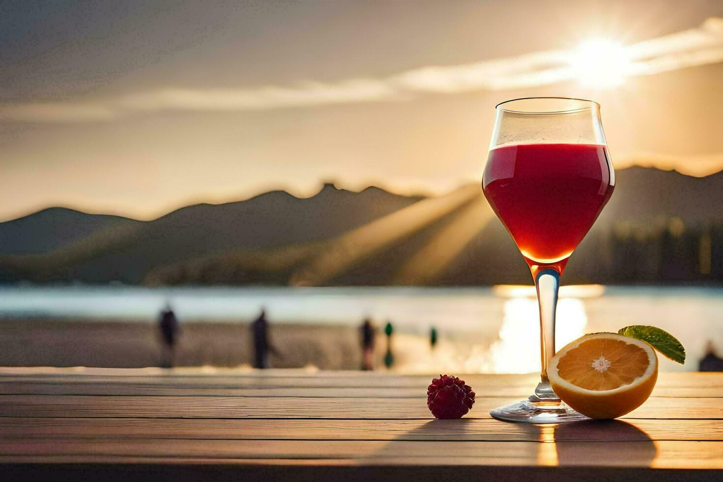 a glass of red wine and an orange on a table in front of the sunset. AI-Generated photo